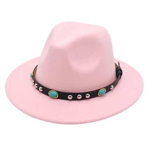 Pink wool felt fedora featuring a black leather band with silver studs and turquoise accents