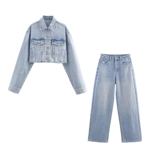 Veste Courte En Denim Et Pantalon Taille Haute Femme Avec Strass Et Künstliche Perles Bleu Clair Streetwear