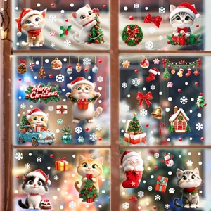 Christmas Window Stickers PVC Static Clings Cartoon Cats Snowflakes Double Sided Festive Glass Decor Holiday Party