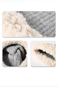 Detail of warm grey knit fabric with thick ivory faux fur lining for winter comfort