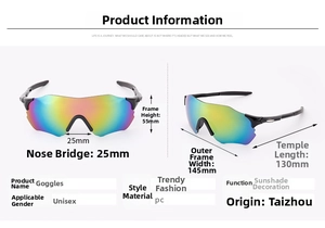 Detailed view of sports sunglasses with PC frame and colorful gradient reflective lenses