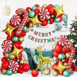 Christmas balloon arch kit with red green gold latex balloons and reindeer foil balloon
