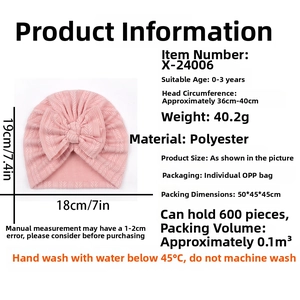 Size guide for baby turban hat with bow, suitable for 0-3 years and 36-40cm head circumference