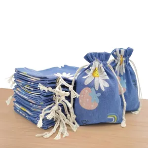 Printed Cotton Linen Drawstring Pouches Small Jewelry Storage Gift Bags Floral Animal Pattern Sachet Packaging Portable