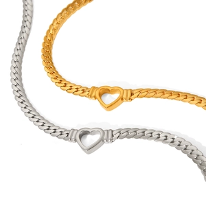 Polished stainless steel Cuban link necklace with hollow heart pendant in gold and silver