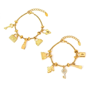 Fashion Charm Bracelet For Women Titanium Stainless Steel 18K Gold Plated Zirconia Key Lock Bag Lipstick Charms Adjustable