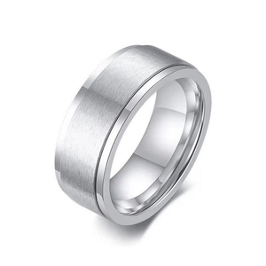 8mm wide silver stainless steel spinner ring for men with brushed outer layer and polished edges