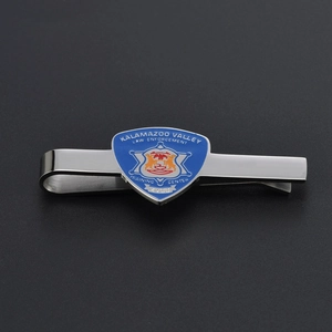 Men Business Formal Stainless Steel Tie Clip With Blue Enamel Law Enforcement Shield Badge Motif Silver Tone