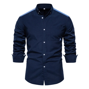 Men's navy blue Oxford casual shirt with light blue shoulder patchwork and front pocket
