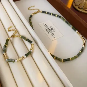 Bamboo Joint Necklace And Bracelet Green Stone Imitation Artificial Pearl Copper Jewelry Elegant Vintage Style For Women