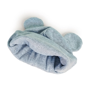 Detailed view of baby earflap hat with cute bear ears and soft knit texture in light blue
