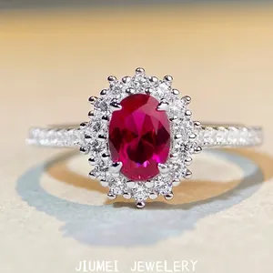 Elegant 925 Sterling Silver Oval Zirconia Halo Ring For Women Fashion Pigeon Blood Red Zircon Electroplated Jewelry Wedding Gift