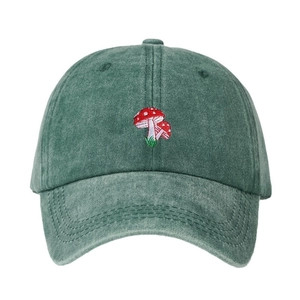 Vintage dark green washed cotton baseball cap with embroidered mushroom design