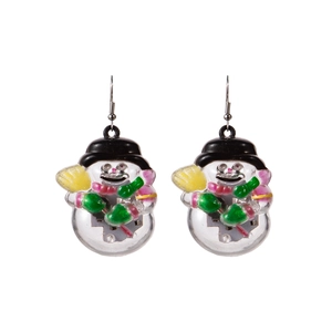 Detailed view of festive snowman earrings with colorful accents and secure metal hooks