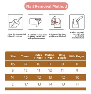 Press-on nails size chart and step-by-step removal guide with orange wood stick tutorial