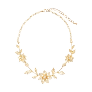 Golden floral leaf necklace with sparkling rhinestones and textured metal finish