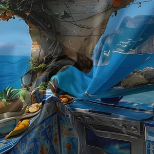 Detailed macro shot of Mediterranean tapestry fabric showing digital print and silk texture