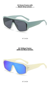 Detail view of large-frame geometric sunglasses in mint green and cream yellow variants