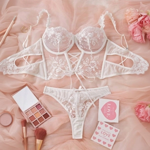 Detail of white lace bustier and matching thong set with floral embroidery on pink organza