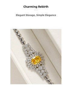 Detail of luxury jewelry box with silver necklace and large oval yellow gemstone