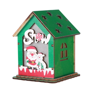 Green and red wooden Christmas house ornament with snowman and star cutout design