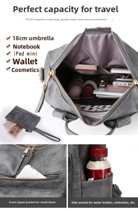 Detailed interior of a grey faux leather backpack showing multi-compartment storage space