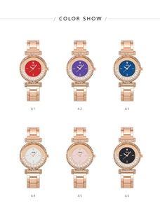 Color display of stylish women's metal quartz watches with rhinestone bezels in six colors