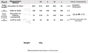Detailed size chart for batwing sleeve dress showing XS to L measurements and care icons