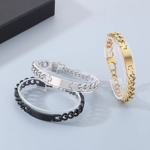 Polished stainless steel curb chain identity bracelets in gold, silver, and black colors