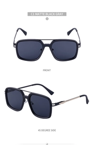Detail view of matte black square aviator sunglasses showing front and side angles