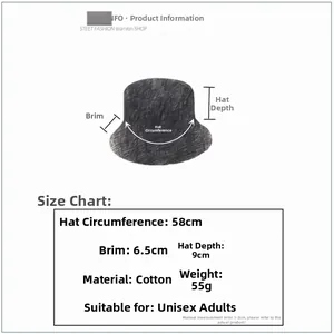 Size chart showing 58cm circumference and 6.5cm brim for cotton bucket sun hat