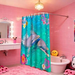 Detail view of marine dolphin shower curtain with floral accents and 12 white plastic rings