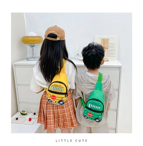 Kids school bus crossbody bag with wide shoulder strap in yellow and green colors