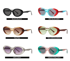 Showcase of oval frame sunglasses in six colors including black, tea, and red blue