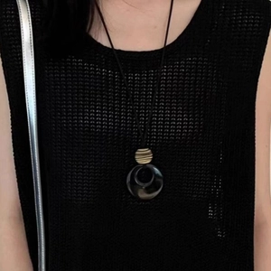 New Chinese style faux agate circular pendant necklace with black cord on model
