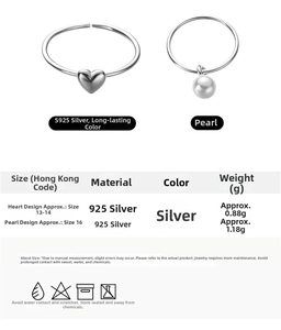 Detailed size and material specification table for 925 sterling silver heart and pearl rings