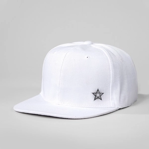 Detail of white canvas snapback hat featuring a double-layered star embroidery on side