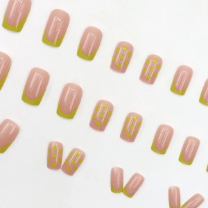 French tip and green heart pattern square press-on nails in avocado green and nude pink