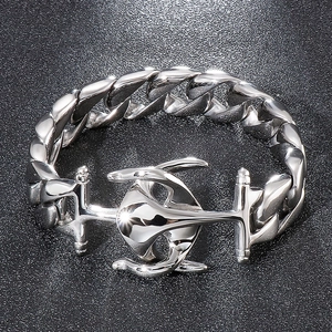 Polished silver stainless steel anchor bracelet on a textured black background for men