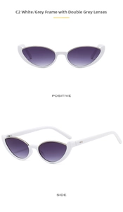 Front and side views of white cat-eye sunglasses with grey gradient lenses