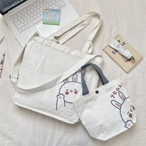 Two-piece white canvas bag set with cute bunny print for shoulder and handbag use