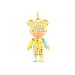 Detailed view of pink and blue enamel bear pendant with heart-shaped zircon inlay