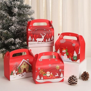 Lot de quatre boîtes cadeaux de Noël rouges avec illustrations de renne et bonhomme de neige