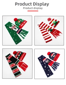 Detailed grid view of four Christmas LED knitted hat and tassel scarf sets with festive motifs