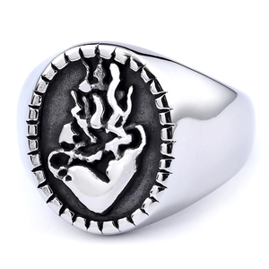 Vintage Gothic flaming heart signet ring for men in silver-tone polished stainless steel