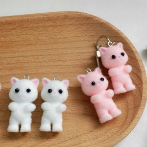 Cute flocked kitten pendants in white and pink with metal loops for DIY crafts