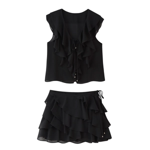 Women Sleeveless V Neck Ruffle Top And Multi Layered Mini Skirt Polyester Chiffon Boho Sexy Summer Vacation