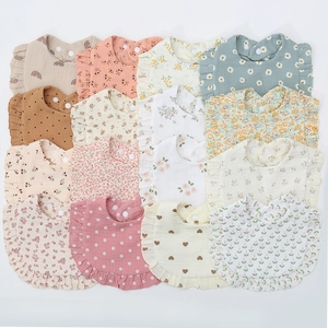 Baby Bibs Cotton Muslin Drool Towels Soft Breathable Waterproof Layer Ruffle Edge Snap Buttons Floral For Infants Toddlers