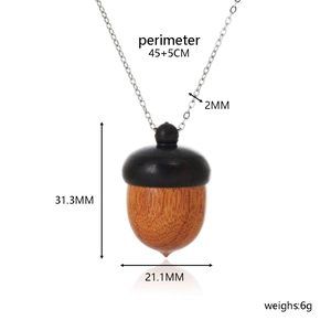 Detailed size chart of a wood pinecone acorn pendant necklace with silver chain specs