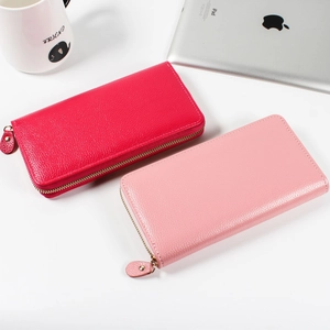 Long litchi grain leather zip wallet for women in rose red and light pink colors